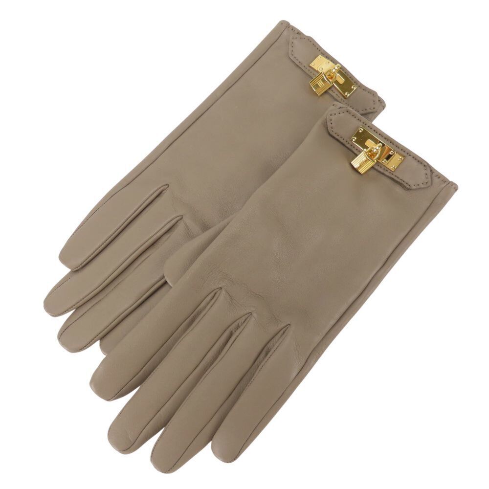 Hermes Kelly Gloves, Size 7 1/2, Lambskin and Silk, Taupe/Greige, Gold Hardwa...